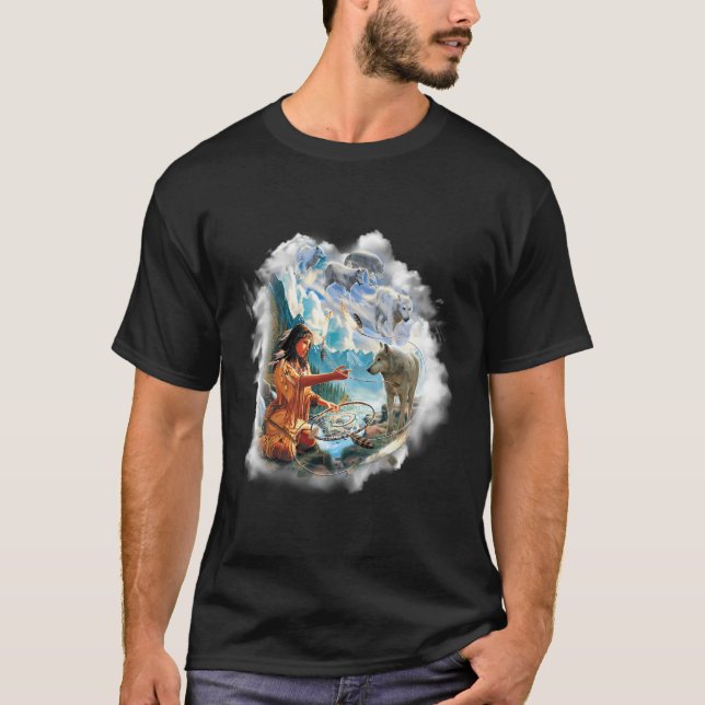 Mountain Men'S Dreams Of Wolf-Native American T-Shirt (Front)