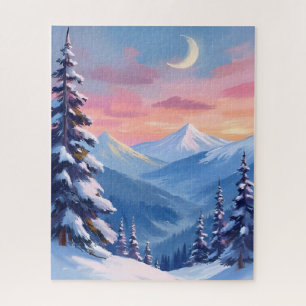 Mountain Moon Winter Watercolor Painting Jigsaw Puzzle