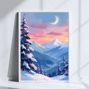 Mountain Moon Winter Watercolor Painting Poster