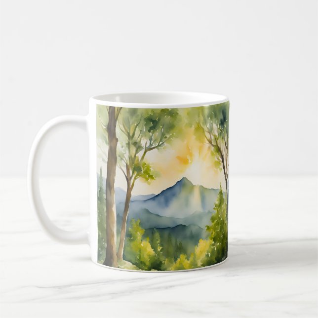 Mountain Nature Sunrise Landscape Watercolors Coffee Mug (Left)