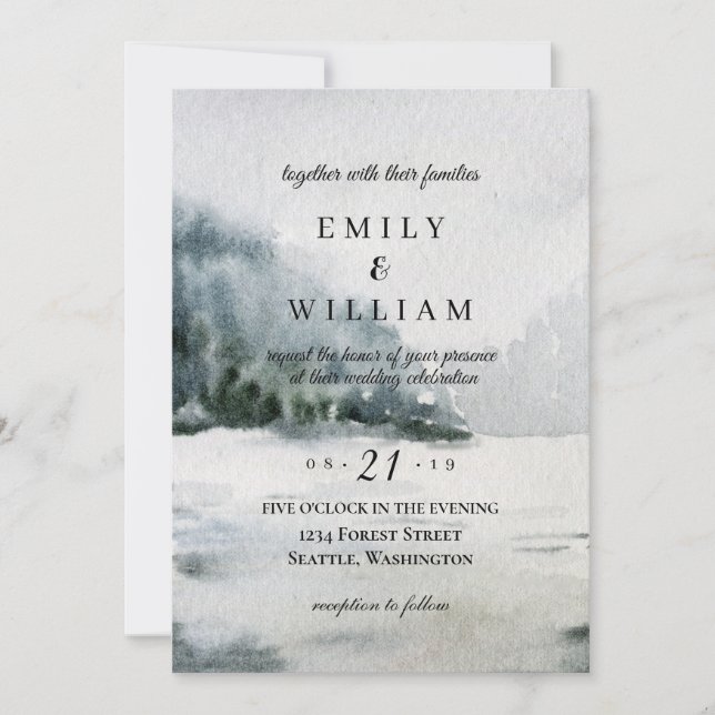 Mountain Pacific Northwest Watercolor Wedding Invitation (Front)