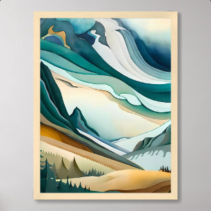 mountain painting abstract blue cloudy pine tree poster