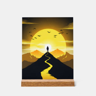 Mountain Peak Silhouette with a winding. Pedestal Acrylic Sign
