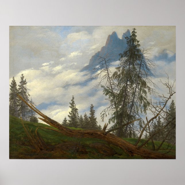 Mountain Peak with Drifting Clouds by Friedrich Poster (Front)