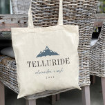 Mountain Peaks Destination Wedding Welcome Tote Bag<br><div class="desc">Welcome guests to your wintry destination wedding with these chic and modern personalised tote bags. Design features an illustration of snowy mountain peaks in blue with your wedding destination beneath (shown with Telluride, Colorado) in classic serif lettering. Add your names beneath in handwritten cursive script, as well as the year....</div>