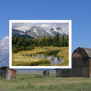 Mountain Peaks, Meadow, Stream Grand Teton NP Postcard