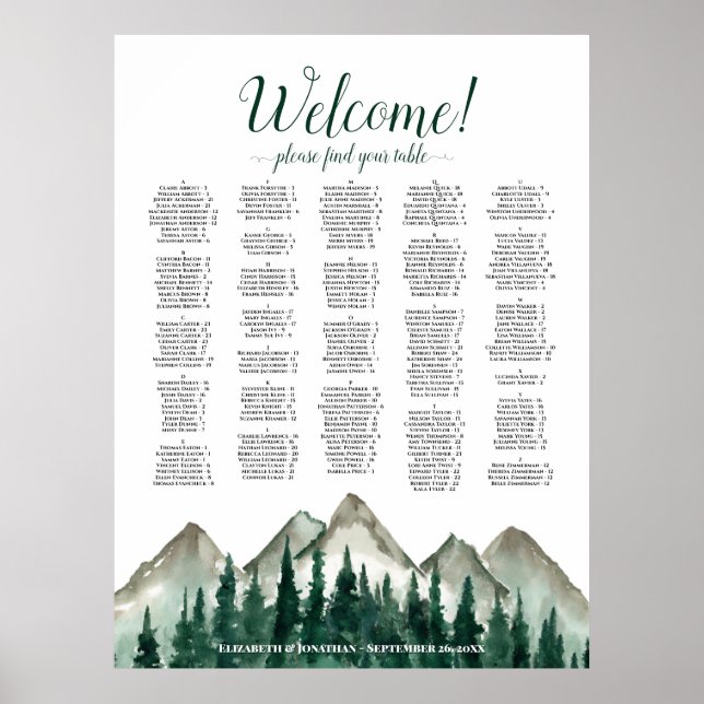 Mountain Peaks & Pine Alphabetical Seating Chart (Front)