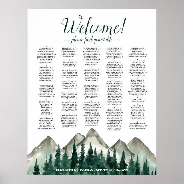 Mountain Peaks & Pine Alphabetical Seating Chart (Front)