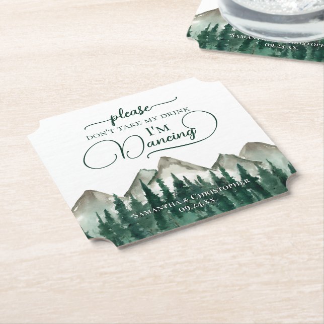 Mountain & Pine Don't Take My Drink Wedding Paper Coaster (Angled)