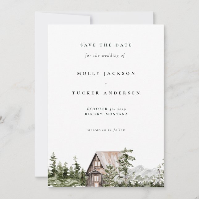 Mountain Pine Forest Cabin Photo Save the Date  Invitation (Front)