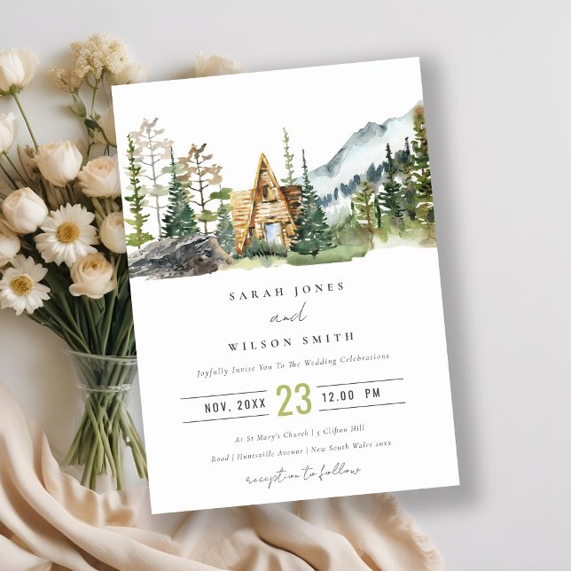Mountain Pine Forest Wood Cabin Wedding Invite (Creator Uploaded)