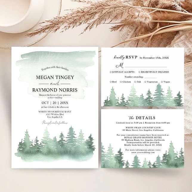 Mountain Pine Tree Watercolor Rustic Wedding  Invitation (Creator Uploaded)