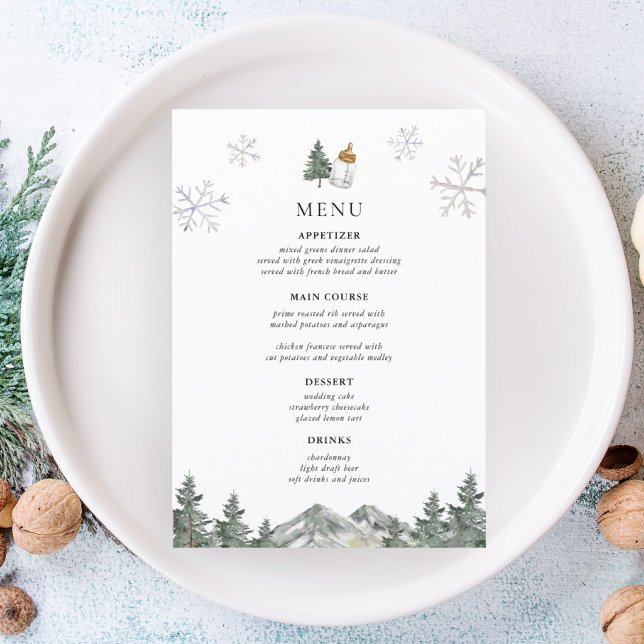 Mountain Pine Tree Winter Baby Shower Menu Cards (Creator Uploaded)