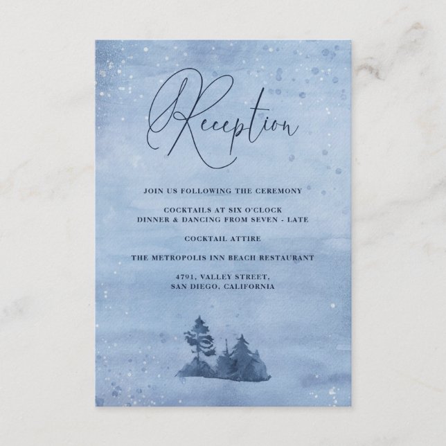 Mountain Pine Trees Blue Winter Wedding Reception Enclosure Card (Front)