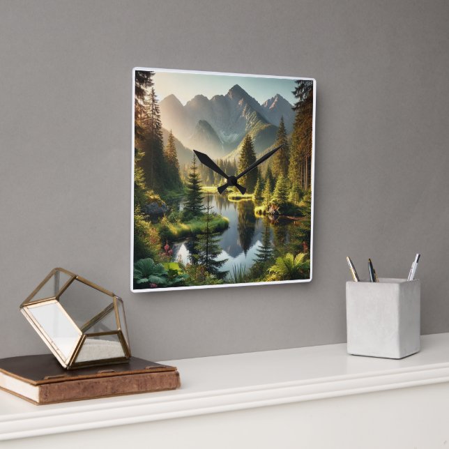 Mountain Pond Square Wall Clock (Office)