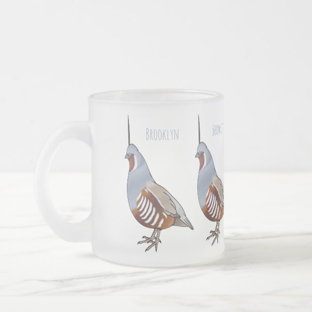 Mountain quail bird cartoon illustration  frosted glass coffee mug (Left)