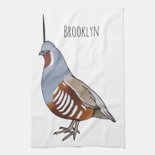Mountain quail bird cartoon illustration tea towel