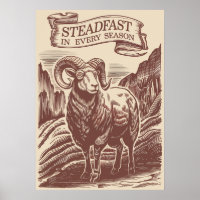 Mountain Ram Steadfast Nature Woodcut Design