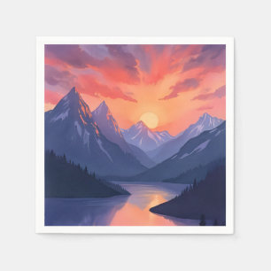 Mountain Range Sunset   Watercolor Lake Landscape Napkin