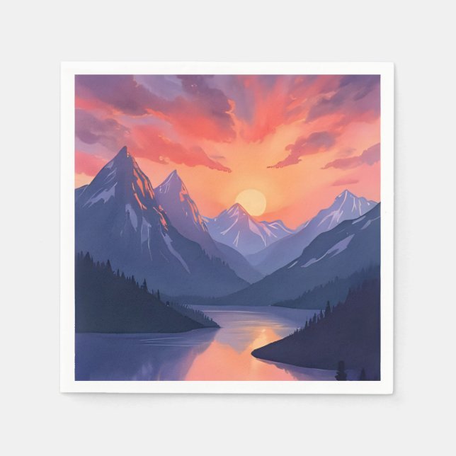 Mountain Range Sunset | Watercolor Lake Landscape Napkin (Front)