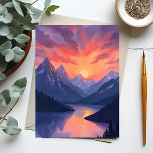 Mountain Range Sunset   Watercolor Lake Landscape Postcard