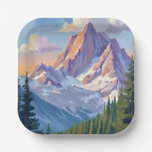 Mountain Range Watercolor Nature Painting Paper Plate