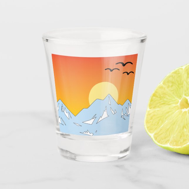 Mountain range with birds sunset Shot Glass (Front)