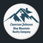 Mountain Real Estate Company Custom Marketing Magnet<br><div class="desc">A cool mountain range real estate company magnet for a realty business located in a mountainous city or town. The realtor name is written in navy blue script under the house among mountains. Great marketing item for a mountaintop home builder.</div>