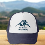 Mountain Real Estate Company Custom Realtor Trucker Hat<br><div class="desc">A cool mountain range real estate company hat for a realty business located in a mountainous city or town. Navy blue script under the house among mountains. Great marketing item for a mountaintop home builder.</div>