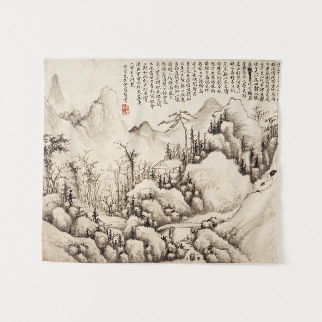 "Mountain Retreat" Chinese vintage landscape art Tapestry (Front (Horizontal))