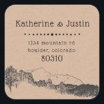 Mountain Retreat ⎢Return Address Sticker<br><div class="desc">Rustic square return address sticker as a beautiful wedding mailing accessory with kraft paper background and decorative font w mountain and forest illustration on the bottom</div>