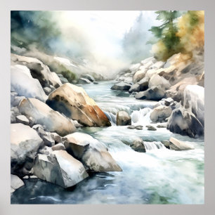  Mountain River Alaska Watercolor Painting Poster