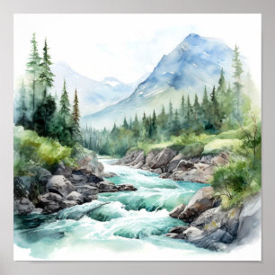  Mountain River Alaska Watercolor Painting Poster
