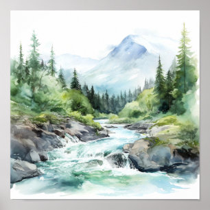  Mountain River Alaska Watercolor Painting Poster