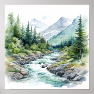 Mountain River Alaska Watercolor Painting Poster