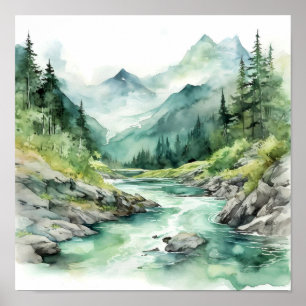  Mountain River Alaska Watercolor Painting  Poster