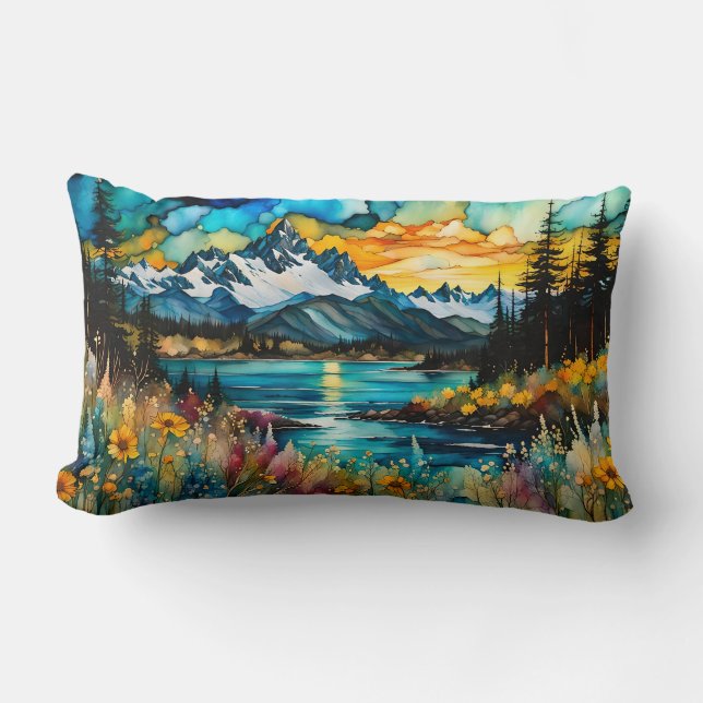 Mountain River and Wildflowers Landscape Lumbar Cushion (Front)