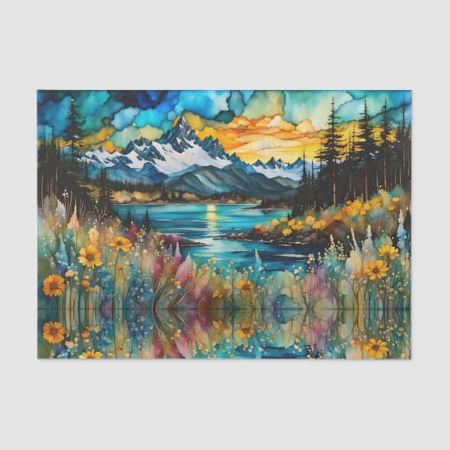 Mountain River and Wildflowers Landscape Tissue Paper (Front)