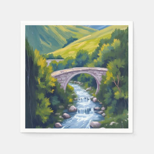 Mountain River Bridge Green Watercolor Landscape Napkin