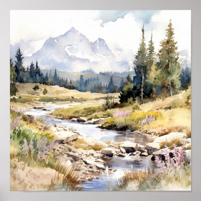  Mountain River Colorado Watercolor Painting  Poster (Front)