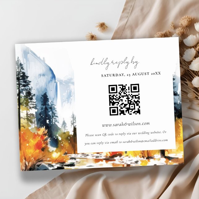 Mountain River Fall Landscape Wedding QR Code RSVP Enclosure Card (Creator Uploaded)