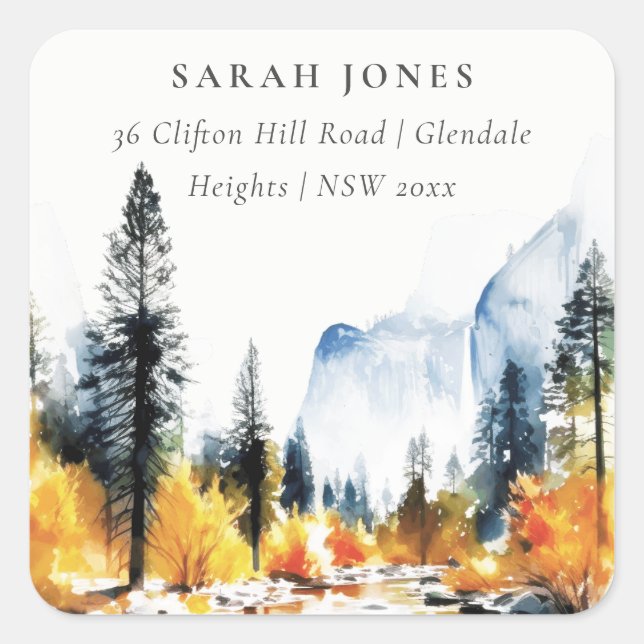 Mountain River Fall Winter Landscape Address Square Sticker (Front)