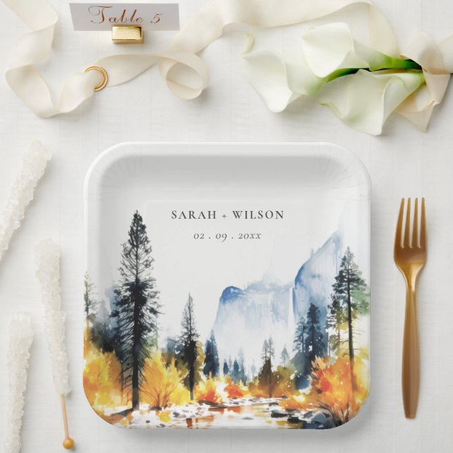 Mountain River Fall Winter Landscape Wedding Paper Plate (Wedding)