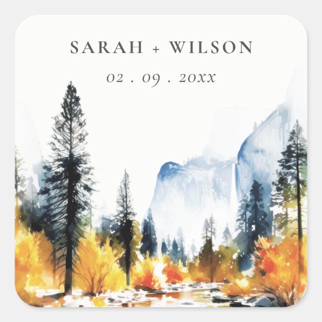 Mountain River Fall Winter Landscape Wedding Square Sticker (Front)