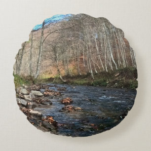 Mountain River in Autumn – Wild Nature Romania Round Cushion