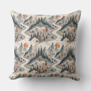 Mountain River Landscape Boho Abstract Pattern Art Cushion