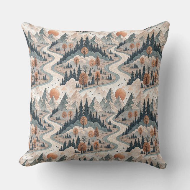 Mountain River Landscape Boho Abstract Pattern Art Cushion (Front)