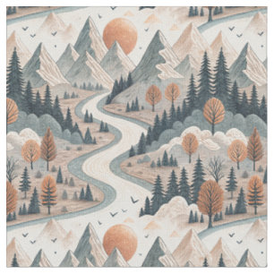 Mountain River Landscape Boho Abstract Pattern Art Fabric