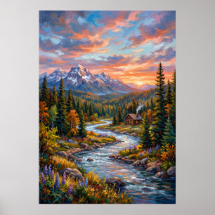 Mountain River Sunset Landscape Poster