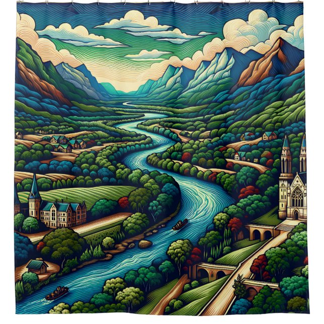 “Mountain River Valley" Shower Curtain (Front)